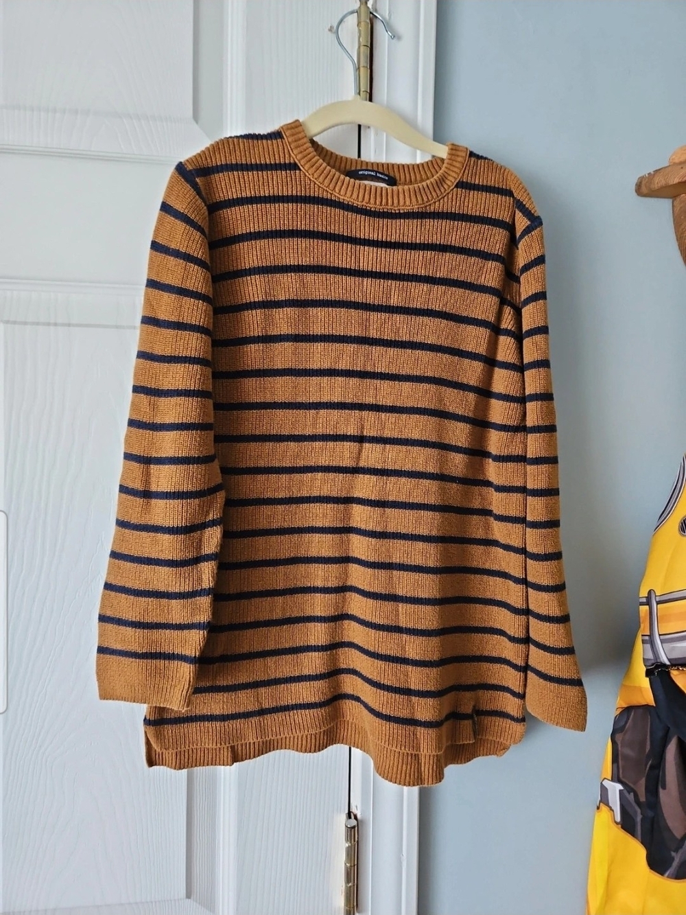 Zara Mustard and Navy Striped Crewneck Sweater